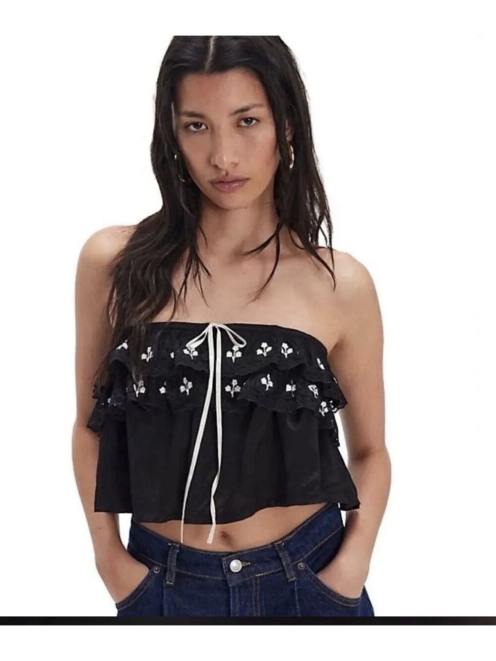 Free People Women’s M Black Strapless Embroidered Ruffle Crop Top NWT